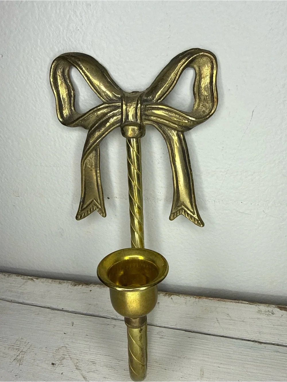 Vintage MCM Brass Bow Wall Sconce Candle Holder 8” Tall, Hollywood Regency Decor